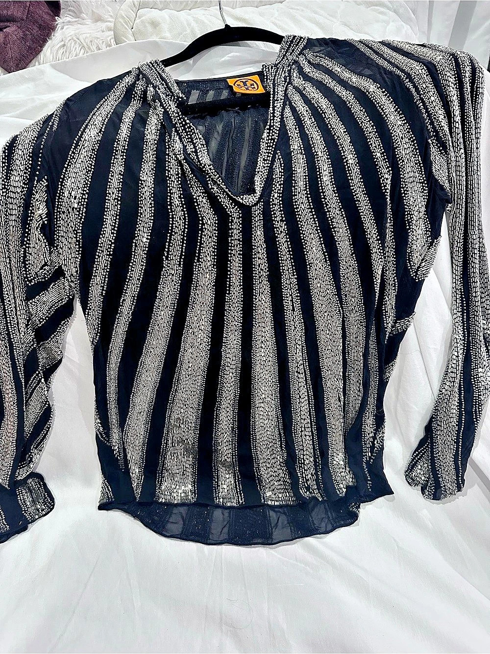 Tory Burch Women's Black & Silver Striped Beaded Blouse
